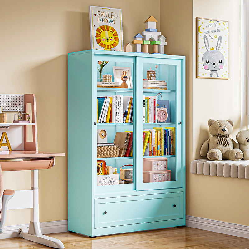 儿童书柜防尘储物柜带抽屉推拉玻璃门展示柜钢制书架落地收纳柜子