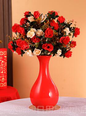正品中国简红色陶花瓶结婚乔迁花新款现代约客厅婚房插瓷装饰摆件