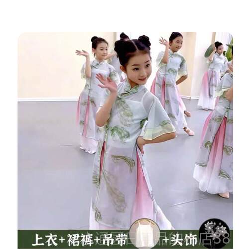 正品新款儿童古舞蹈服墨印花旗新中式练功典水服扇子舞演出服表袍