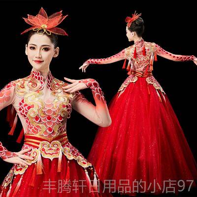 正品2025新代款龙龙女歌女伴舞吟九州现舞蹈服大气开场舞大摆裙演