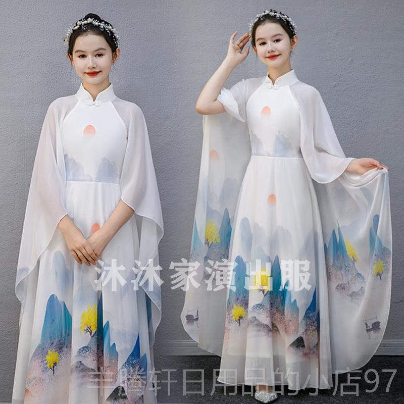 正品弹女童色古筝演出服中红国风儿童中古筝演出服大童艺考民乐演图片