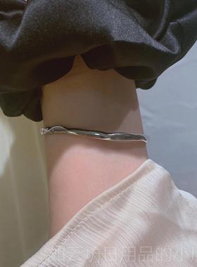 正品Tusha高级质感*冷淡风925纯带银锤面手镯y好搭配简约表手链3S