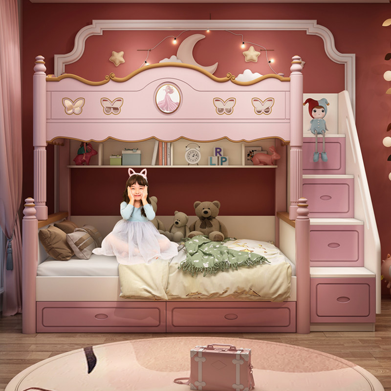 上下床双层床女孩高低床公主床上下铺儿童床子母床带滑滑梯小户型