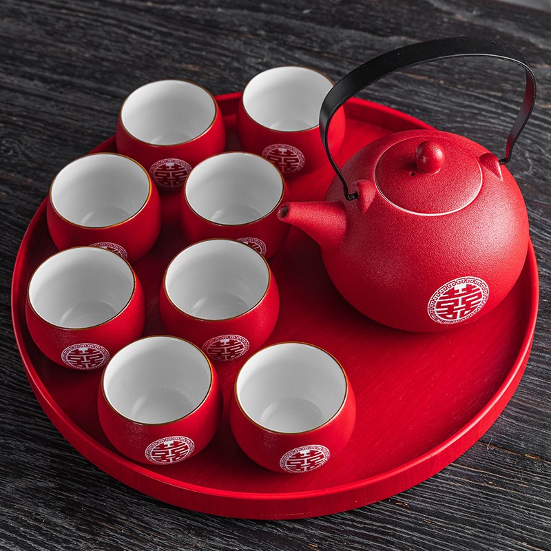 结婚茶具礼盒套装中式陶瓷红色敬茶杯婚庆送礼用品敬茶壶改口茶杯