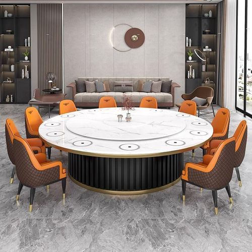 酒店包厢电动转盘餐桌18-20人岩板大圆桌电磁炉大理石火锅餐桌椅