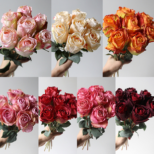 干燥焦边玫瑰蕾绢花仿真花家居装饰花卉婚庆摄影道具摆件香槟花束