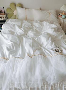 高档蓝色公主清风全棉床裙床上四件套I小新纯棉被SN套少女心蕾丝