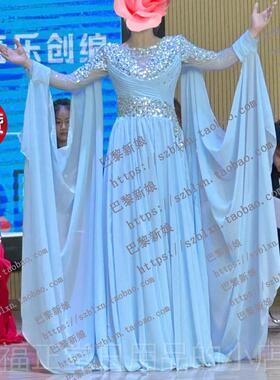 高档2唱025白色深V领水袖镶乐钻飘礼逸唱歌独唱元旦声演会舞台随