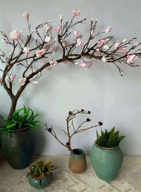 仿真粉色玉兰花树干树枝家居客厅摆件花瓶落地摆设花艺吊顶装饰树