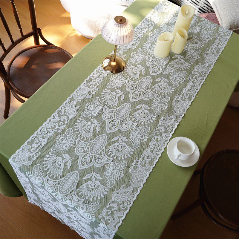 法式蕾丝桌旗复古网纱刺绣餐桌布电视柜钢琴盖布装饰茶几白色盖巾