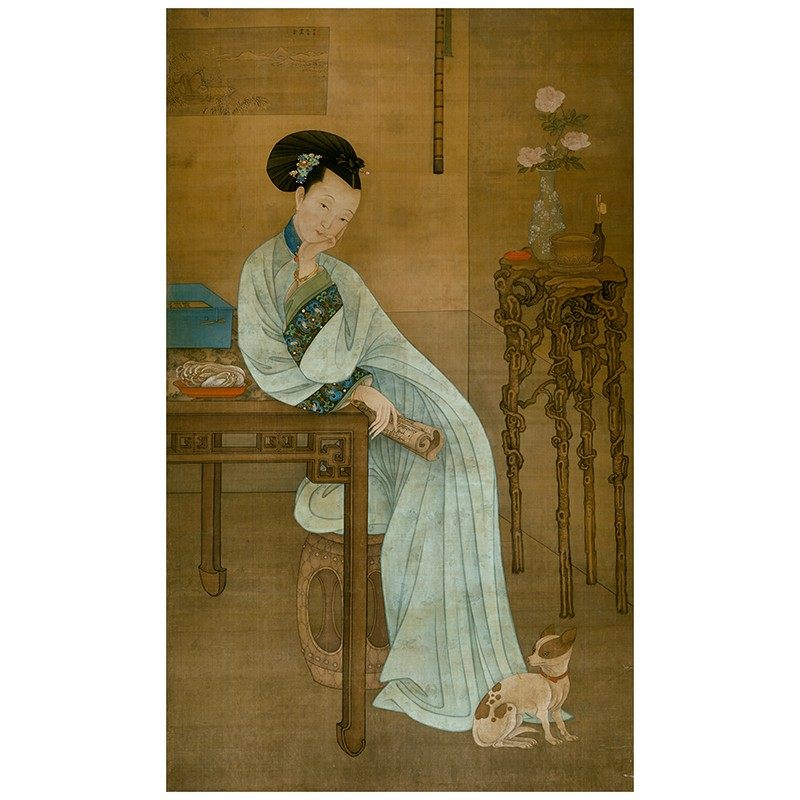 清代古典国画冷枚 春闺倦读图绢本艺术微喷工笔人物装饰画挂轴