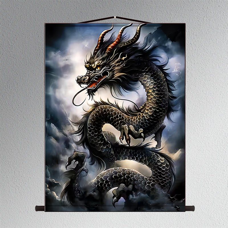 黑龙画像祥龙云海挂画供奉装饰画玄关书房走廊背景墙装裱卷轴挂轴