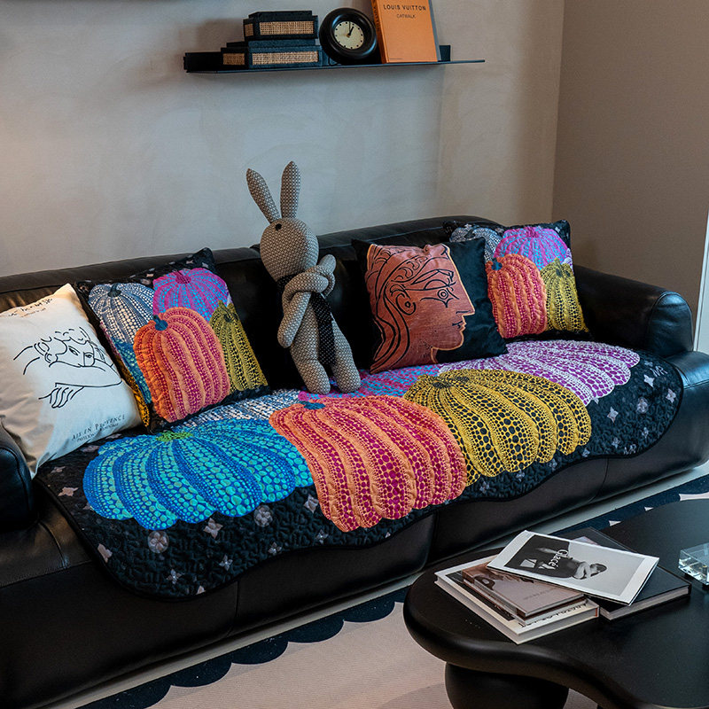 深色艺术南瓜设计沙发垫波浪边个性时尚坐垫四季通用加厚沙发巾套