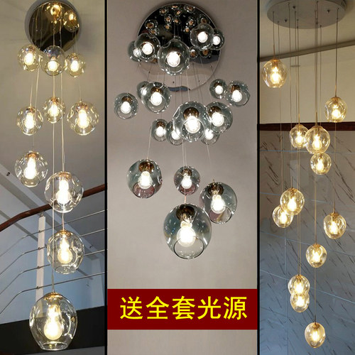 楼梯吊灯2021年新款极简loft公寓小复式楼客厅魔豆玻璃长吊灯家用