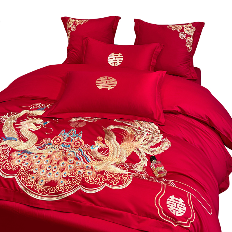 婚庆大红色刺绣四件结婚房床上用品喜婚被龙凤床单被中式