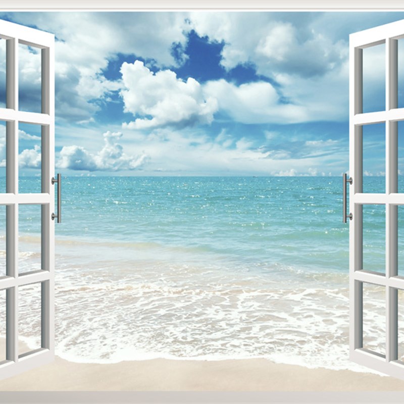 3D卧室假窗户墙贴客厅装饰画大海景沙滩海滩餐厅房间壁画贴纸贴画