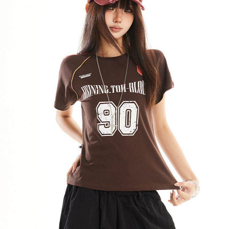 YECHUAN#美式blokette球衣数字印花短袖t恤女复古潮牌辣妹运动服