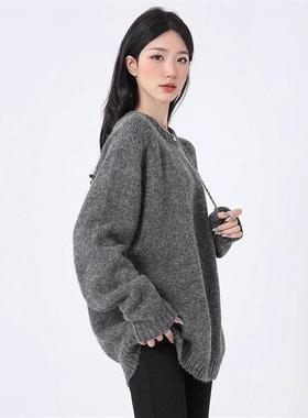 慵懒风深灰色毛衣女2025秋冬洋气毛绒保暖高级感针织宽松套头上衣