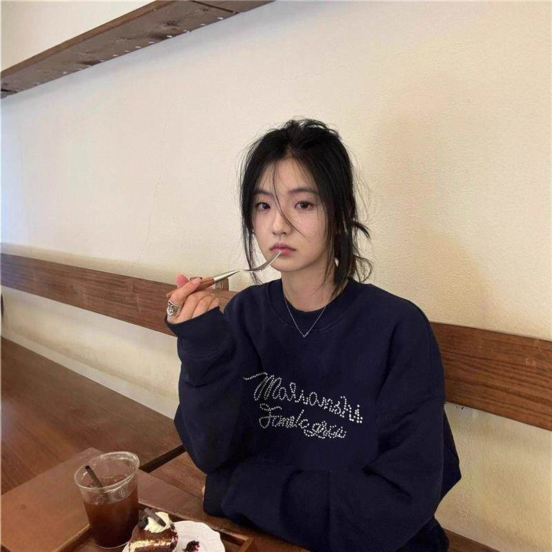 美式复古简约字母印花卫衣女春秋薄款宽松休闲百搭减龄藏青色上衣