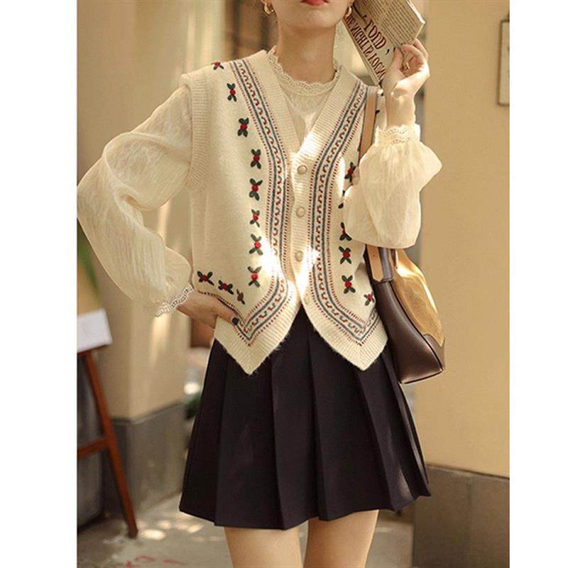 文艺无袖马甲女毛衣秋季新款针织开衫复古马夹坎肩背心刺绣上衣