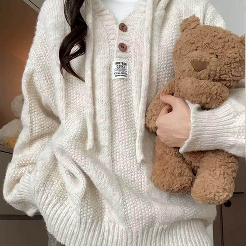 软糯连帽套头针织毛衣女秋冬春秋季外穿宽松慵懒加厚上衣卫衣外套