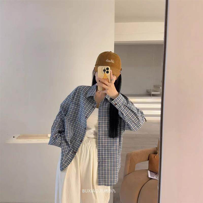 蓝白格子休闲长袖格子衬衫女夏季薄款宽松防晒衬衣慵懒风上衣外套