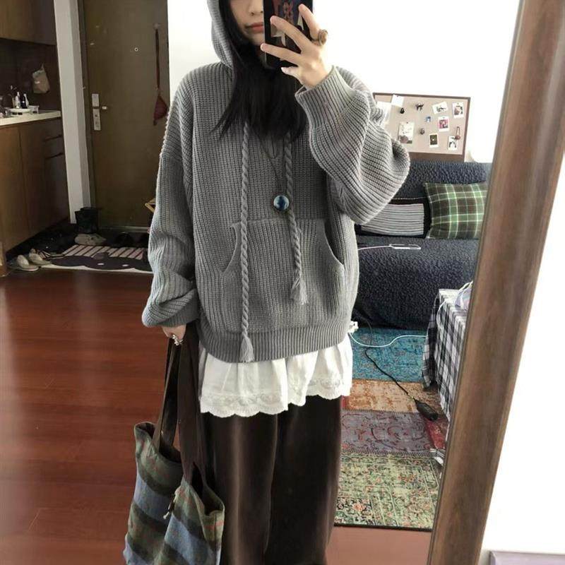 半拉链连帽毛衣女秋冬季新款宽松卫衣软糯针织帽衫外套慵懒风上衣