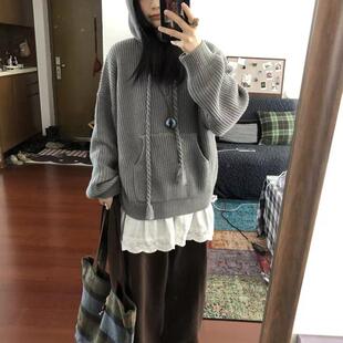 半拉链连帽毛衣女秋冬季新款宽松卫衣软糯针织帽衫外套慵懒风上衣