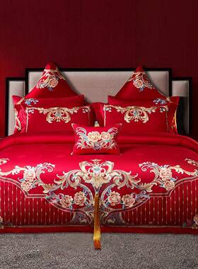 100支双长棉婚庆多件套大红色刺绒UBK绣股高档结婚床上用品