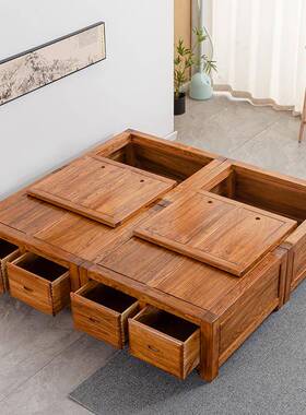 榆老床榻榻米榫卯结构无床头双人抽木屉离ZON地高箱物储箱体全实