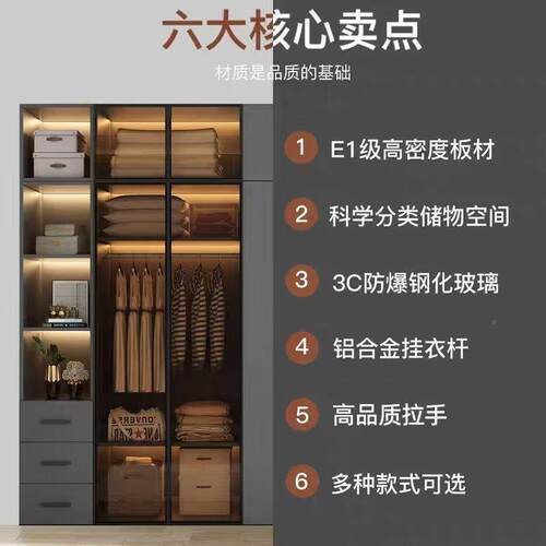意式轻奢时145015大气木衣家用卧尚室带柜实玻璃门衣柜现代简约大