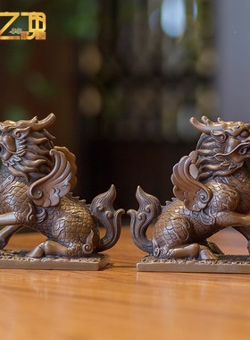 铜之魂紫铜财富麒麟一对办公室高档摆件开业乔迁礼品客厅酒柜装饰