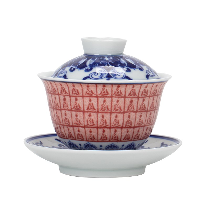 千佛清和三才盖碗茶杯青花瓷敦煌文创拓片陶瓷茶具茶碗单个家用