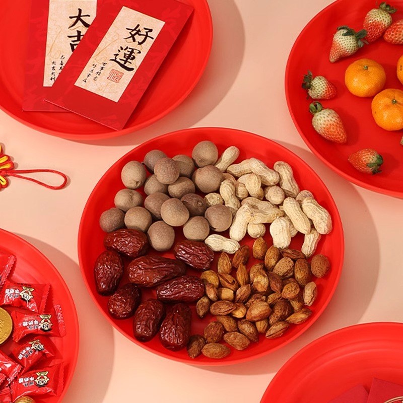 一次性红色盘子食品级结婚塑料菜盘婚礼喜庆用品水果瓜子零食盘碟