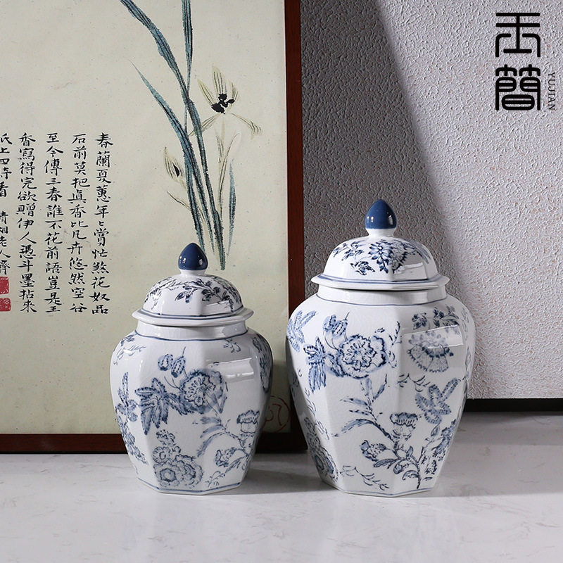 青花瓷手绘缠枝花纹八角储物罐景德镇陶瓷家居客厅摆件仿古摆设