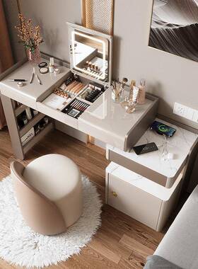 小轻户SLJ型梳台奢卧室可伸缩感床头柜收纳柜一体翻盖镜化妆mω