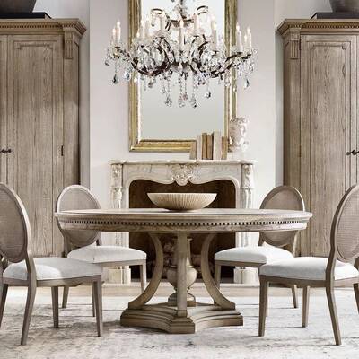 美wyy25061式乡圆餐桌纯实木复古圆形桌欧式桌客厅家用村仿古饭桌