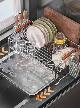 锈钢厨房沥17967物水架功能碗多碟不收纳架可伸缩调节放碗筷盘子