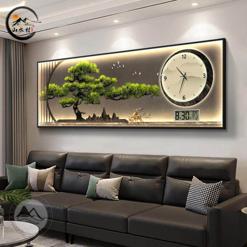 新中式客新客厅迎松装饰画沙发XY857590历v客厅挂钟2024款时钟钟