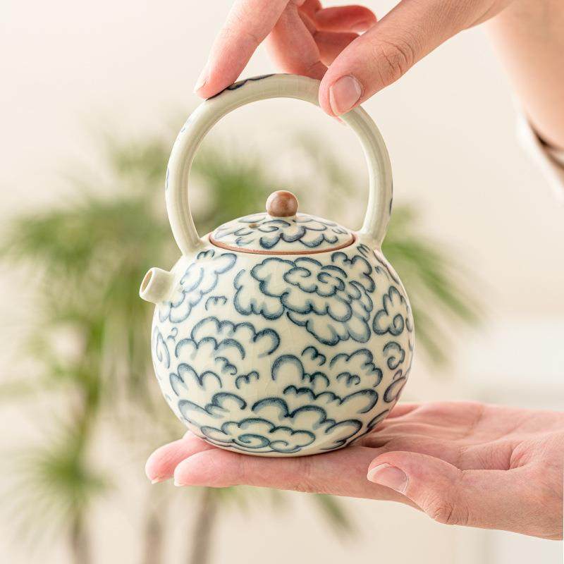 云纹提梁壶茶具高24JS06-7档大容量泡茶汝窑开片可养式茶祥壶中单