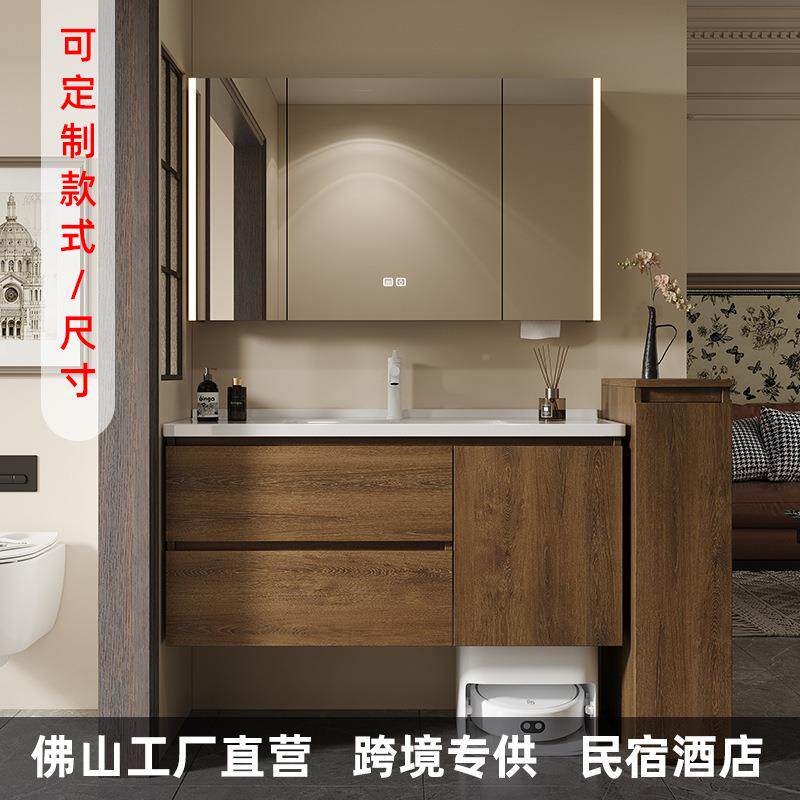 中古风浴室柜陶地瓷一体盆洗漱台983智能封顶柜胡木镜桃浴柜扫机