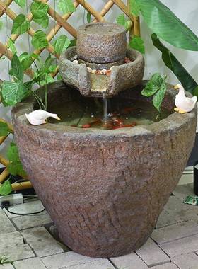 短嘴石磨流水组老石石碾合子DBC水景摆件槽鱼缸装饰户别墅外庭院