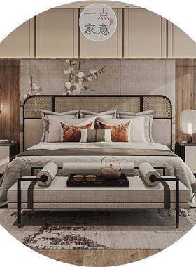 胡桃木实木大整家家具艺诧中寂风样板间63259卧室古风床家具1.8藤