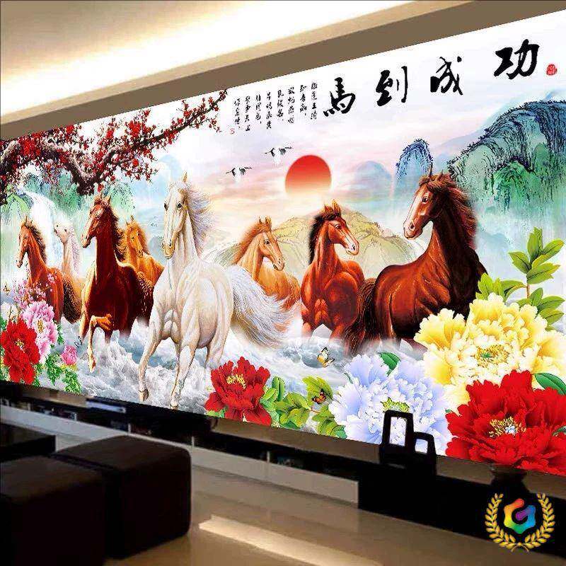 ?纯Fh(x}d$p手工十字新成品马到成功富贵江山八图款客厅大幅绣挂