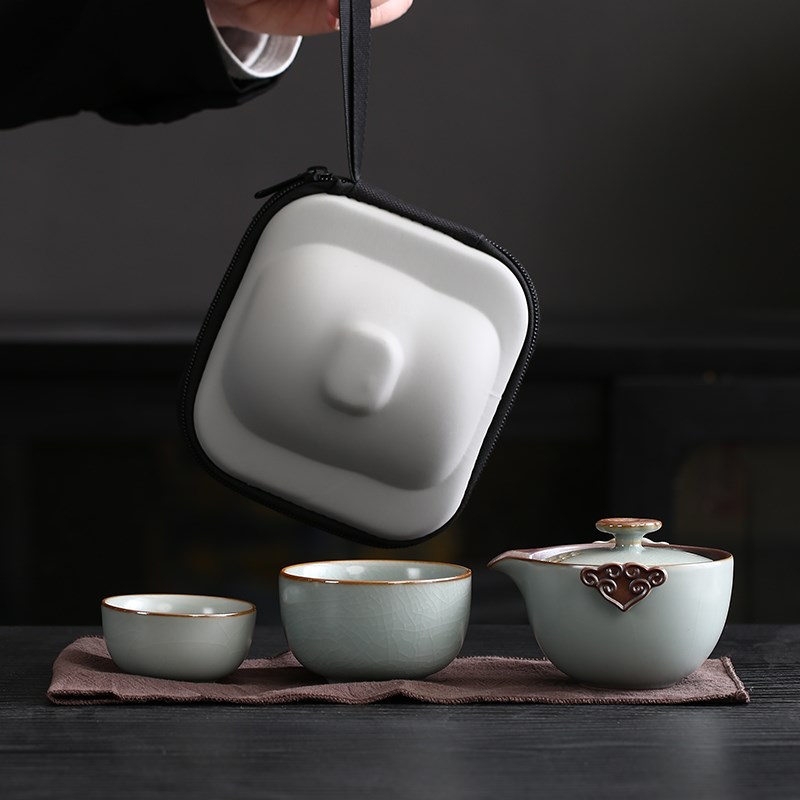 旅行快客杯套装汝窑手抓壶茶具套装便携式旅行茶具泡茶