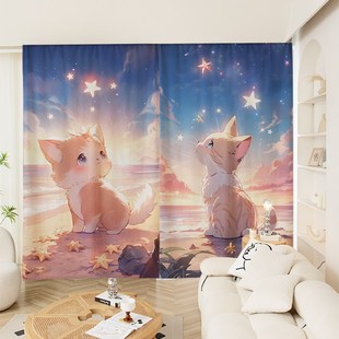 卡通手绘猫咪大友克洋风格定制粗麻长帘卧室客厅挂钩遮光打孔窗帘