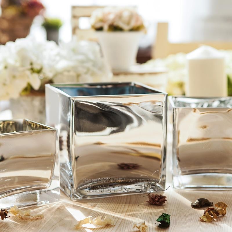电镀银色花瓶摆件 玻璃正方形方缸圆球圆形 客厅插花艺简约现代