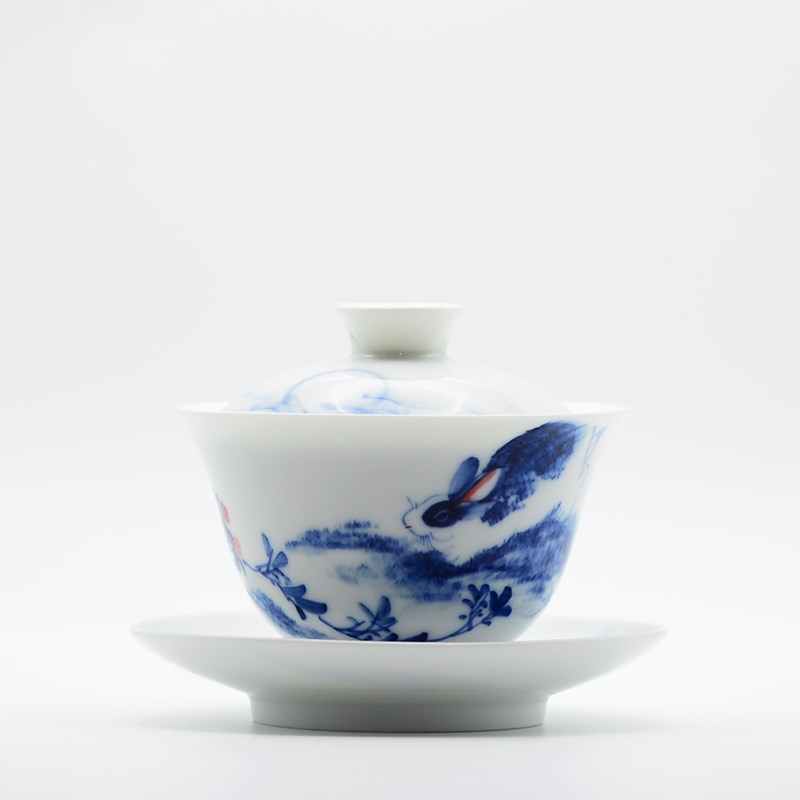 手绘青花瓷盖碗茶杯 釉下彩玉兔三才盖碗 泡茶碗陶瓷盖碗单个高档