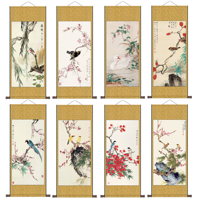田世光石榴桃花报春图国画丝绸画名家花鸟画玄关挂画定制多子多福