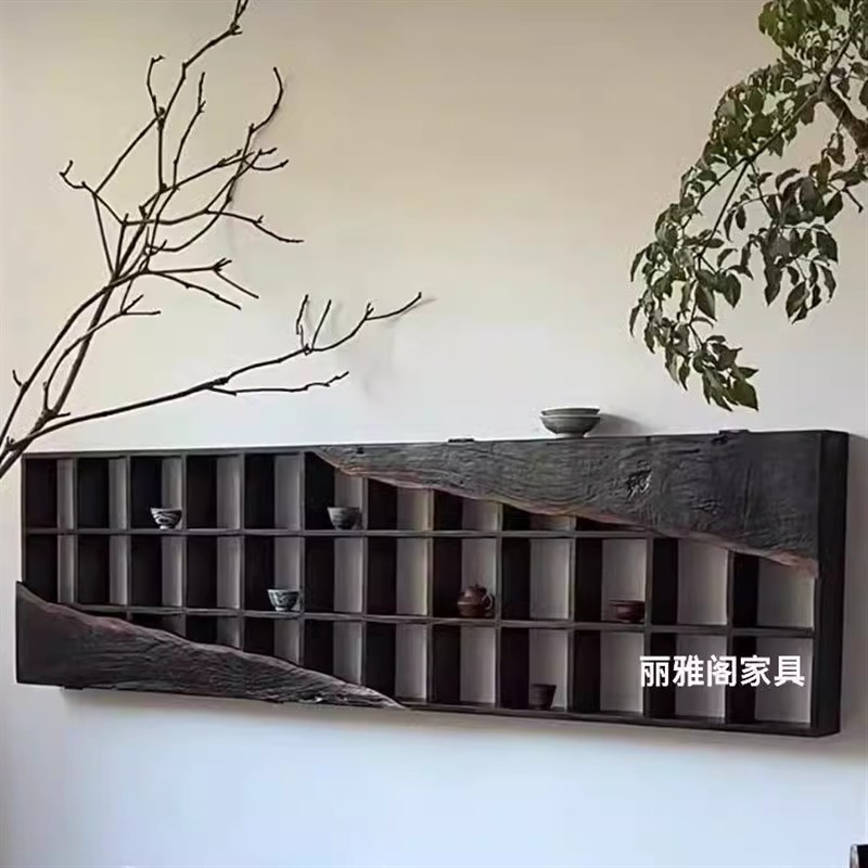 侘寂风博古架实木茶杯架中式多宝阁壁挂式置物古董架子格架层架